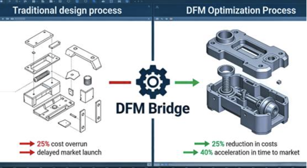 DFM bridges the gap between design and manufacturing, showing 25% cost reduction and 40% faster time-to-market through optimized workflows.
