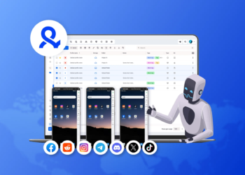Multilogin's cloud phones for social media shown next to a browser profile dashboard, managing separate accounts for an AI agent.