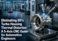5-axis CNC machine machining aluminum turbocharger compressor housing with visible coolant spray, demonstrating elimination of thermal distortion for automotive engineers.